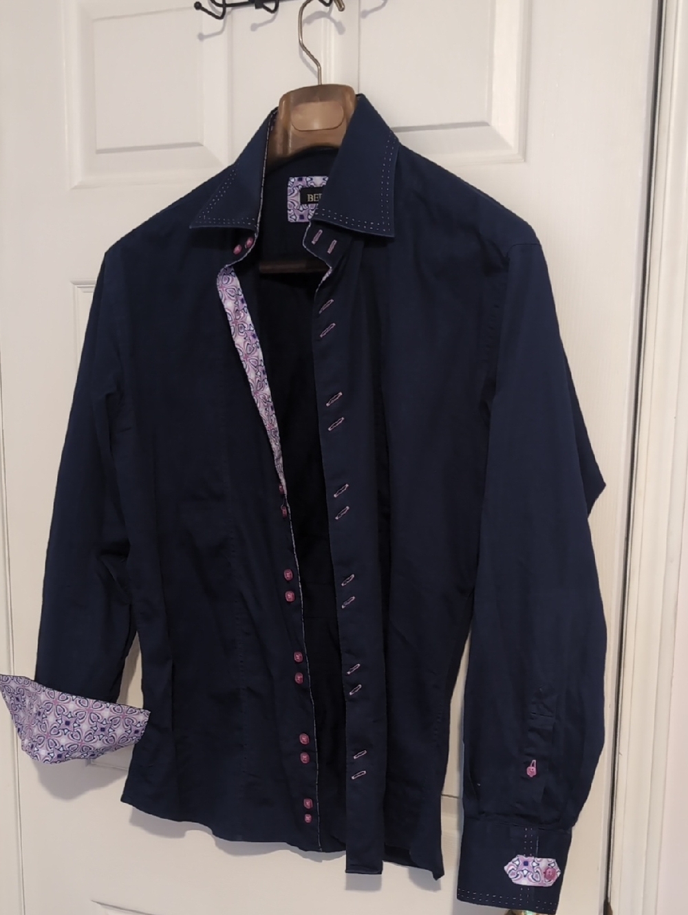 Men's Navy Dress Shirt with Purple Patterned Trim